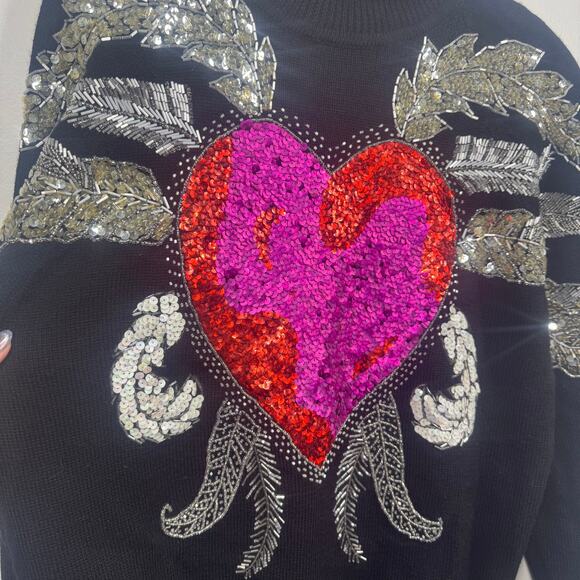 Semplice Sweater Women M Black 100% Wool Sequined Beaded Heart Signed VTG 90's - Picture 3 of 7
